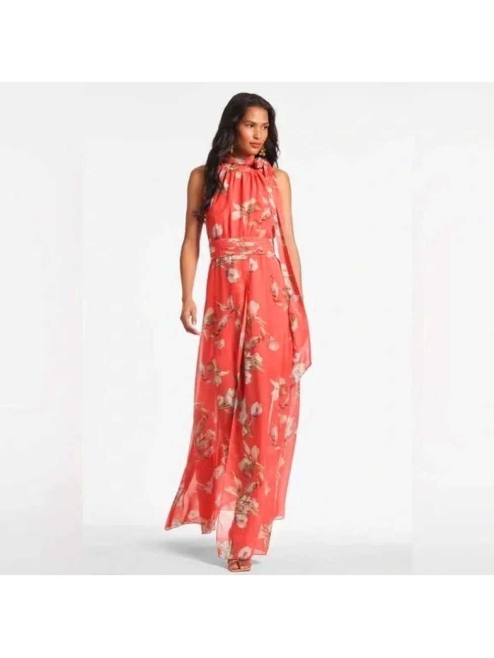 Sachin & Babi Selena Coral Draped Floral-Print Halter Gown Size 0